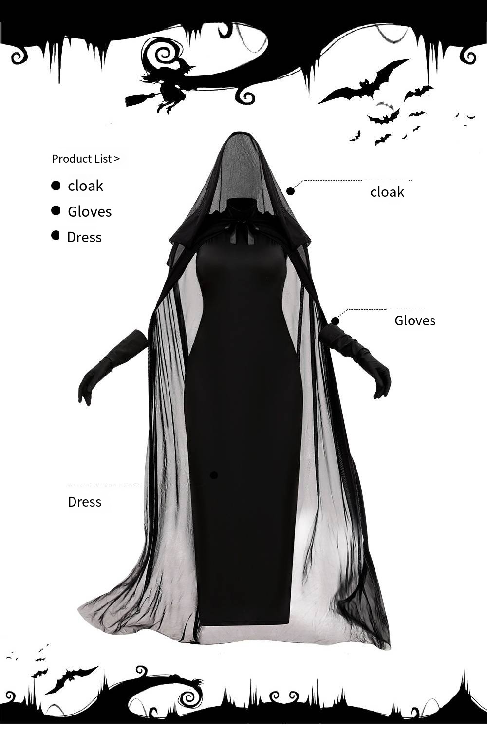 Halloween Witch Vampire Costume - Women Black Sheer Mesh Hooded Cape